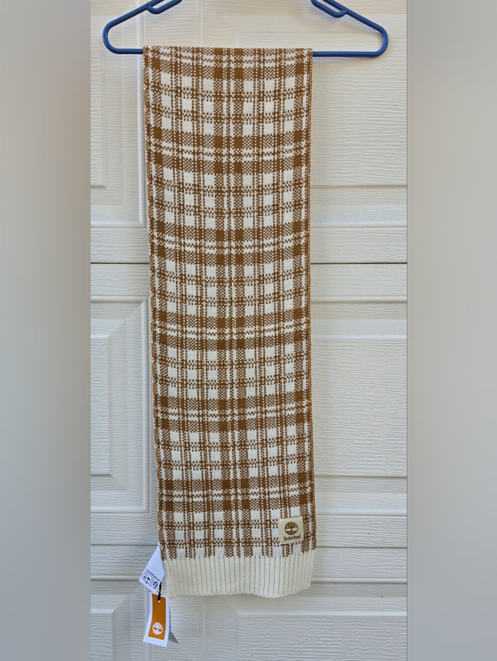 NWT Timberland Plaid Knit Scarf Wheat Brown Cream Checkered Logo Patch OS